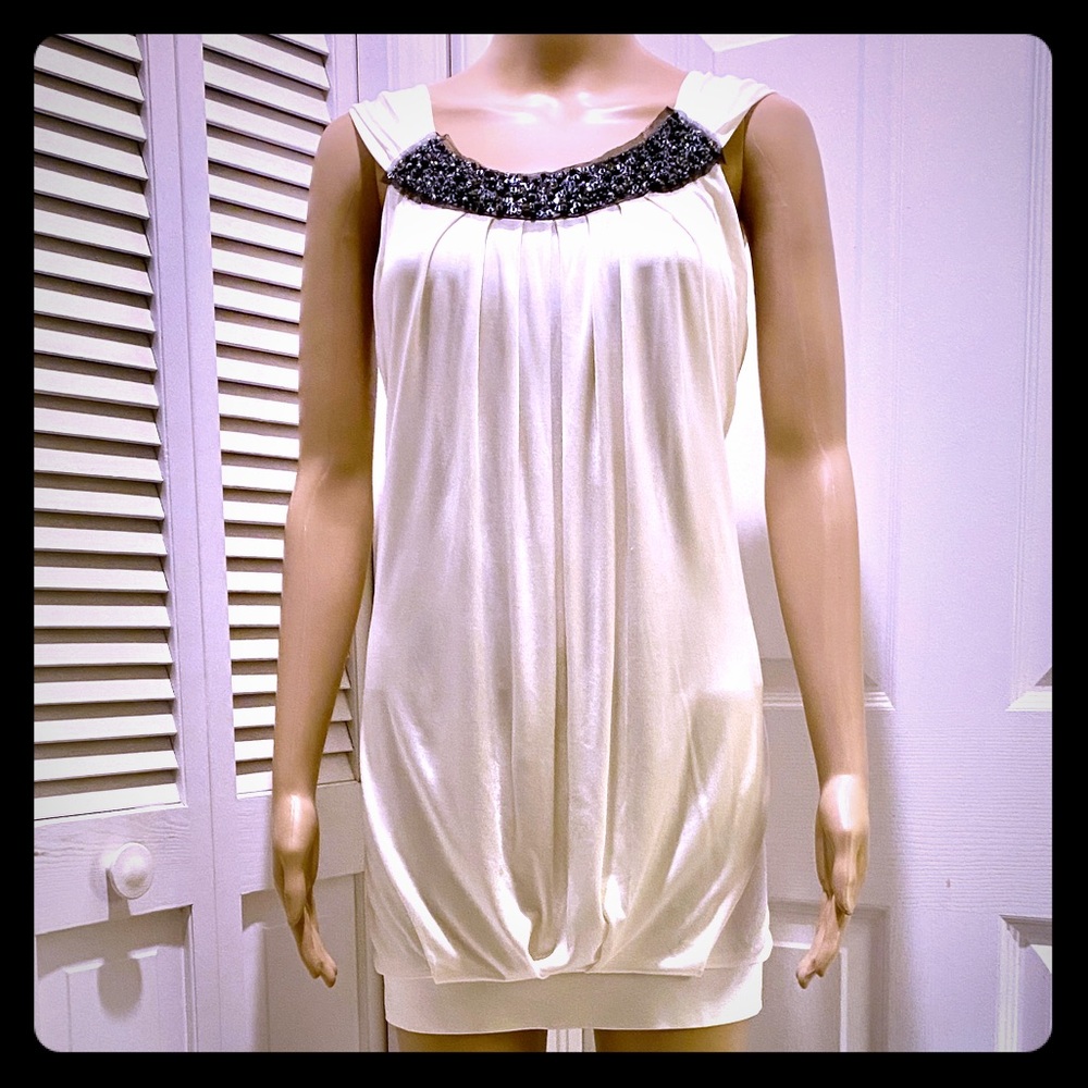 BCBG Drape Dress in Pearl. Black Rhinestones